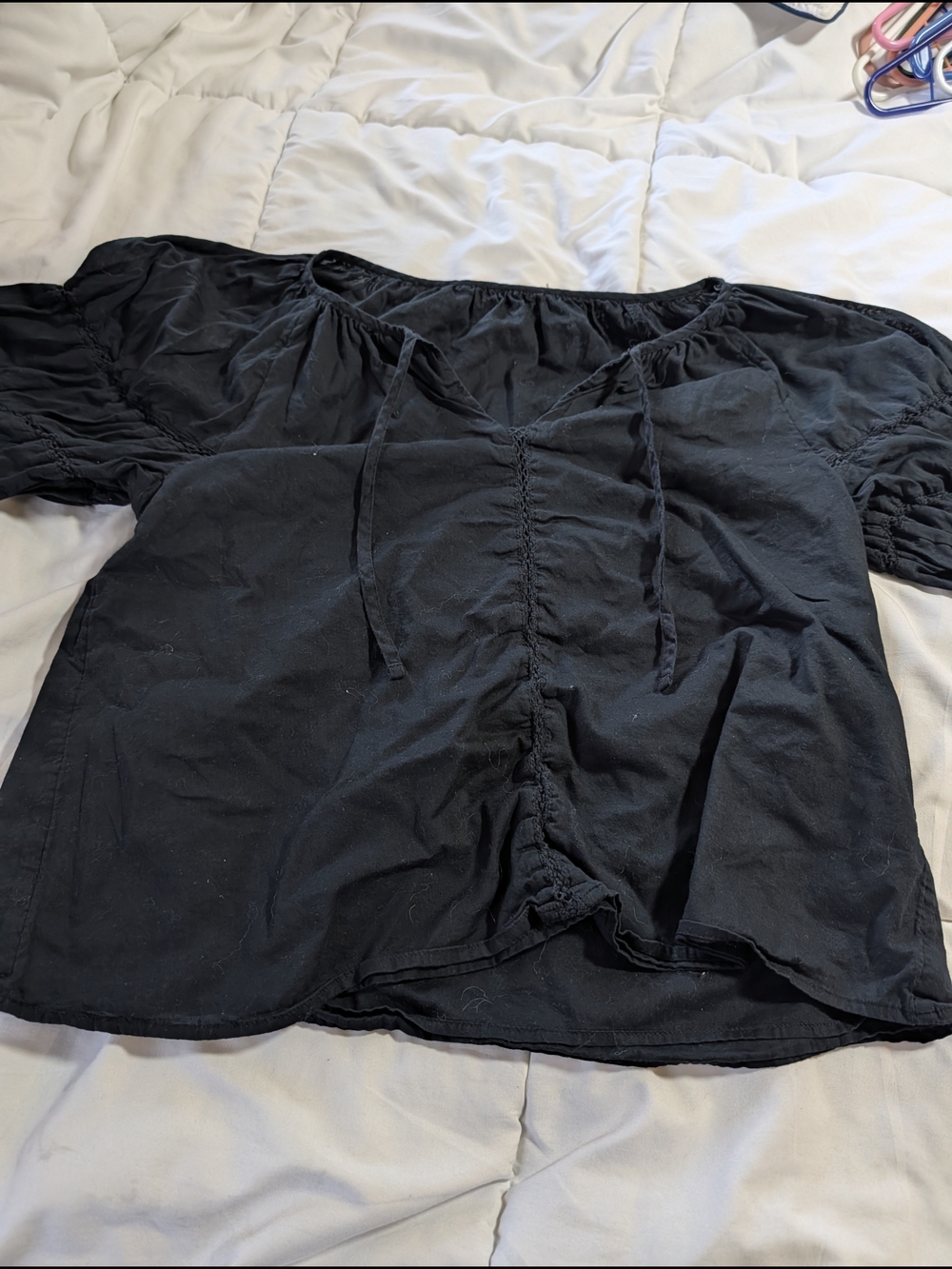 Black Off-Shoulder Peasant Top with Front Tie